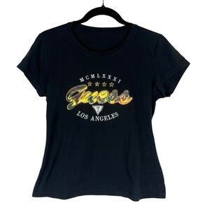 GUESS Womens 1981 Gold Applique Sequins Embroidery 80s 90s Biker Black Tshirt S